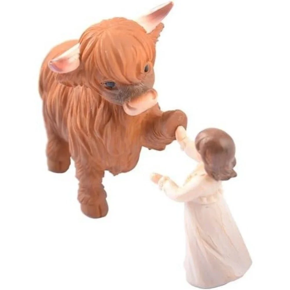 Highland Cow and Girl Resin Figurine Rustic‎ Farmhouse Decor 6.7 Inch Brown